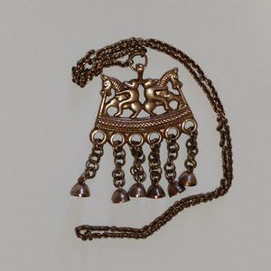 Vintage Kalevala Koru BIG Bronze Necklace - medieval - bears, bells, horses